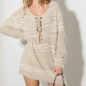 Relax Fit Mixed-Stitch Front Tie Tunic Sweater Dress